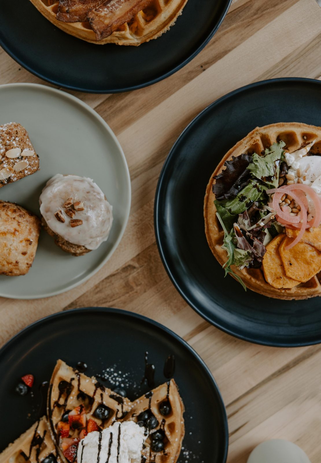 Waffle brunch plates on the table at The Cannon, Hamilton